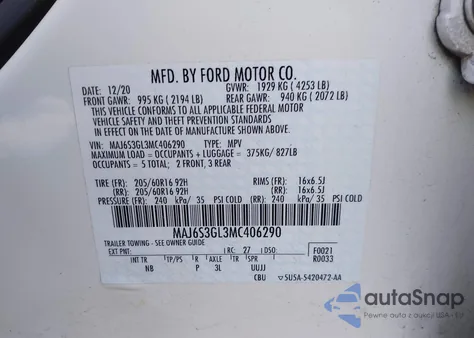 2021 Ford Ecosport Se из США, поврежденный, VIN MAJ6S3GL3MC406290